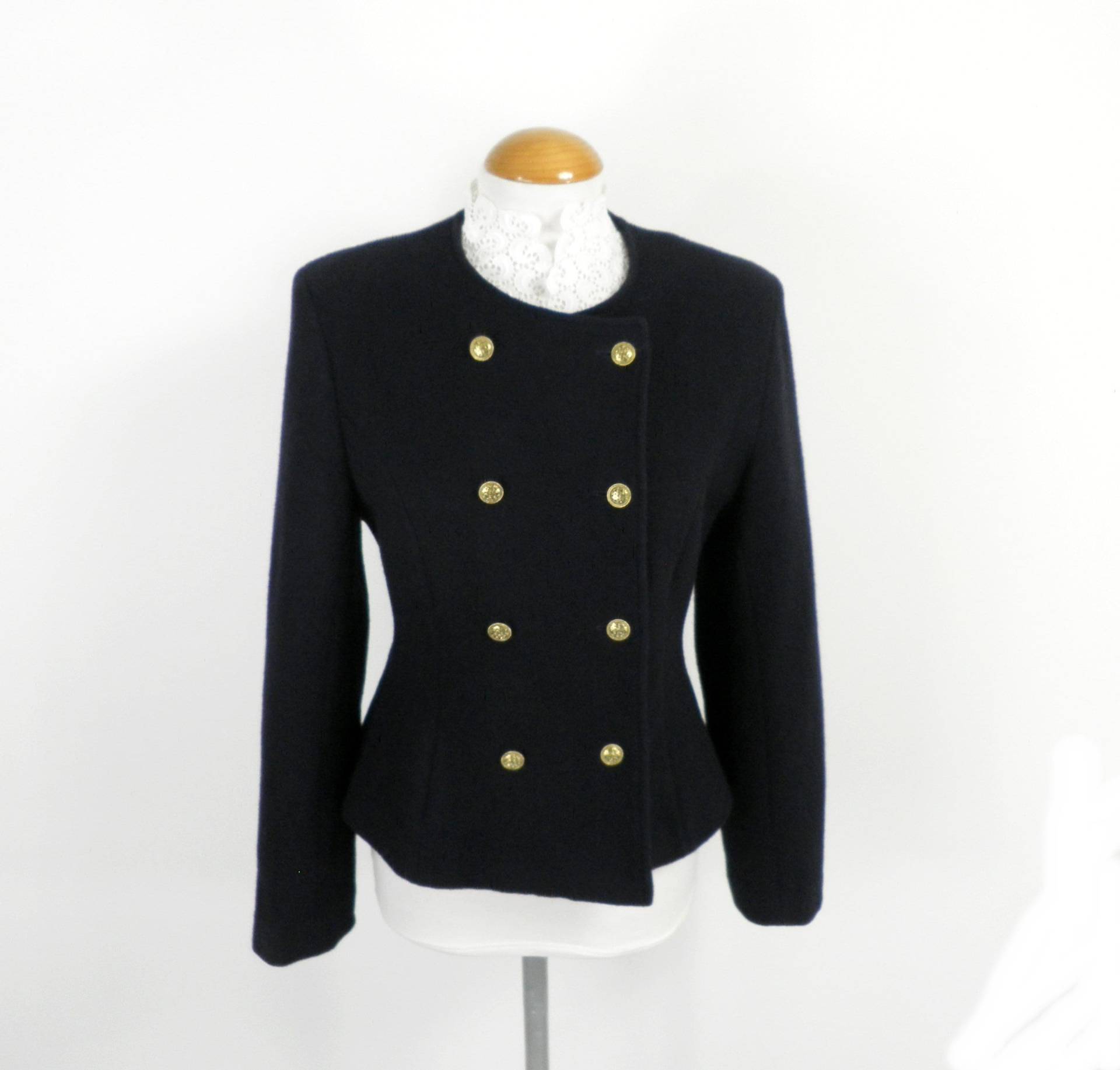 1970Er Jahre Marion Donaldson Navy Maßgeschneiderte Zweireihige Wolle Box Jacke Größe S Uk 10 Made in Classic Chic Boho Designer Country von Repsychological