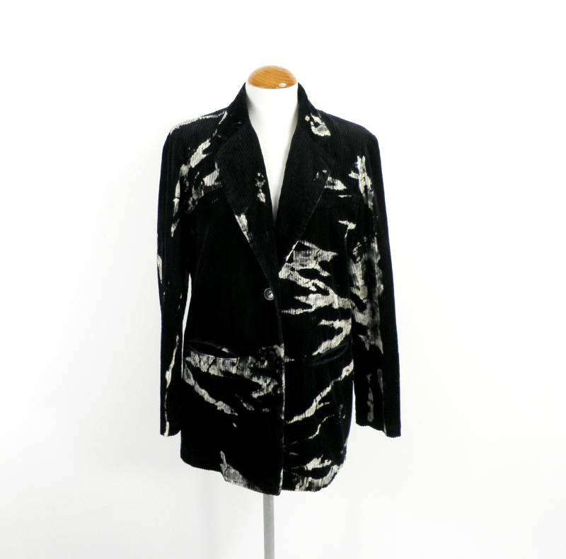 Funky Monochrome Bleach Dye Distressed Baumwolle Cord Blazer Jacke Von Justiz Größe M Uk 14 Made in Wales Boho Unikat von Repsychological