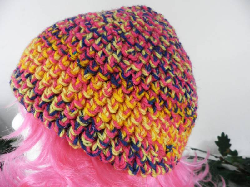 Sunset Pink Und Gelb Beanie Hand Gehäkelte Wollmütze Größe M Festival Rave von Repsychological