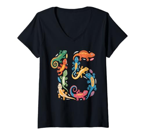 Damen Kinder 15. Geburtstag Reptilien Eidechsen Motto 15 Jahre alte Jungen T-Shirt mit V-Ausschnitt Damen Kinder 15. Geburtstag Reptilien Eidechsen Motto 15 Jahre alte Jungen T-Shirt mit V-Ausschnitt von Reptile Animal Lizards For 15 Year Old Boys