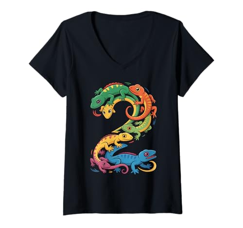 Damen Kinder 2. Geburtstag Reptilien Eidechsen Motto 2 Jahre alte Jungen T-Shirt mit V-Ausschnitt von Reptile Animal Lizards For 2 Year Old Boys