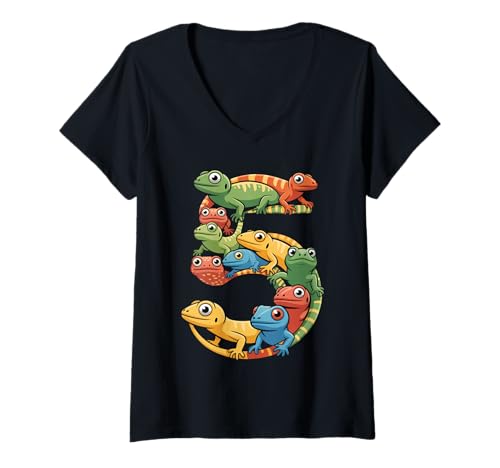 Damen Kinder 5. Geburtstag Reptilien Eidechsen Motto 5 Jahre alte Jungen T-Shirt mit V-Ausschnitt Damen Kinder 5. Geburtstag Reptilien Eidechsen Motto 5 Jahre alte Jungen T-Shirt mit V-Ausschnitt von Reptile Animal Lizards For 5 Year Old Boys