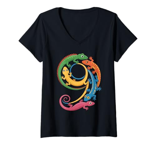 Damen Kinder 9. Geburtstag Reptilien Eidechsen Motto 9 Jahre alte Jungen T-Shirt mit V-Ausschnitt Damen Kinder 9. Geburtstag Reptilien Eidechsen Motto 9 Jahre alte Jungen T-Shirt mit V-Ausschnitt von Reptile Animal Lizards For 9 Year Old Boys