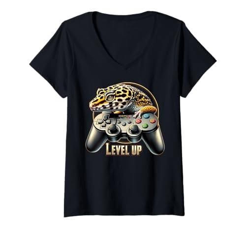 Damen Lustiges Gamer Leopard Gecko Shirt Leopard Gecko auf Controller T-Shirt mit V-Ausschnitt Damen Lustiges Gamer Leopard Gecko Shirt Leopard Gecko auf Controller T-Shirt mit V-Ausschnitt von Reptile Gamer Tee - Level Up Leopard Gecko Design
