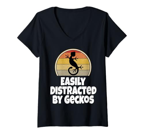 Damen Eidechsenreptilienliebhaber leicht abgelenkt von Geckos Retro Gecko T-Shirt mit V-Ausschnitt von Reptile Lover Gifts