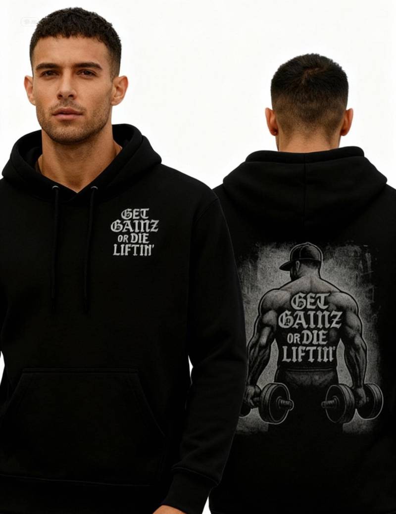 Gym Hoodie Herren - Bodybuilding Fitness Streetwear Sport Kapuzenpullover Mit Rückenmotiv Get Gainz Or Die Liftin' Repz & Barz von RepzAndBarz