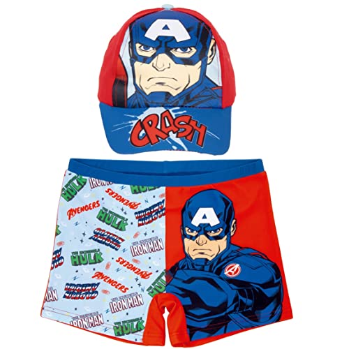 Avengers Badeanzug für Kinder + Avengers Iron Man und Captain America | Marvel Badeanzug und Kappe | Avengers Boxershorts für Strand oder Pool + Kappe für Kinder, rot, 6 Jahre von Requeteguay Urban RU