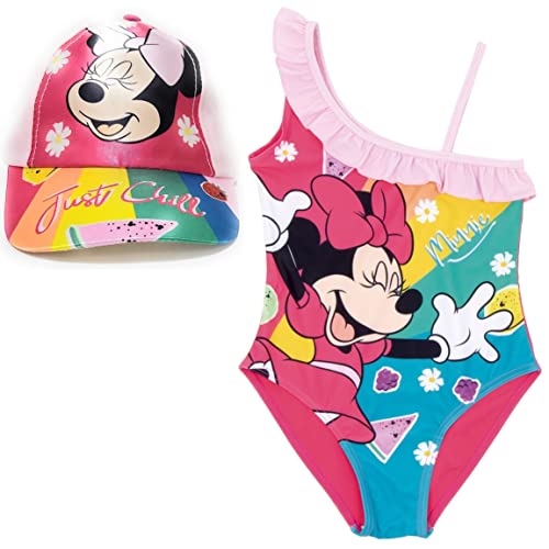 Minnie Mouse Disney Badeanzug für Strand oder Pool + Disney Cap für Mädchen | Minnie Mouse Disney Badeanzug und Kappe | Disney Minnie Maus Badeanzug und verstellbare Kappe, fuchsia, 4 Jahre von Requeteguay Urban RU