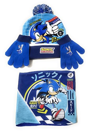 Requeteguay Urban RU Sonic The Hedgehog Mütze, Schlauchschal & Handschuhe für Kinder | Winterset Sonic The Hedgehog Mütze mit Pompon, Halstuch mit Innenfutter und Handschuhen, mehrfarbig, 54 von Requeteguay Urban RU