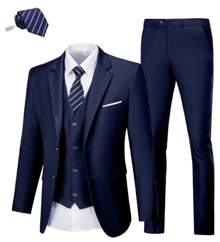 Herrenanzüge Slim Fit, 3-teiliger Anzug für Männer, solide 2-Knopf-Blazerjacke, Weste, Hose mit Krawatte, Smokinganzug-Set für Herren, Marineblau, XL von Rescay