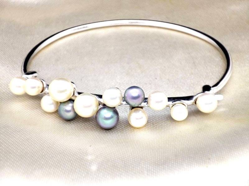 Akoya Salzwasser Perlen Armband 925 Silber Rhodiniert Vintage Armreifen Bangle Bracelet von Residenzler