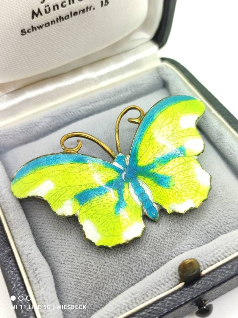 Jugendstil Schmetterling Brosche Antique Enameled Brooch Pin Bronze Guilloche Enamel Emaille Vergoldet von Residenzler