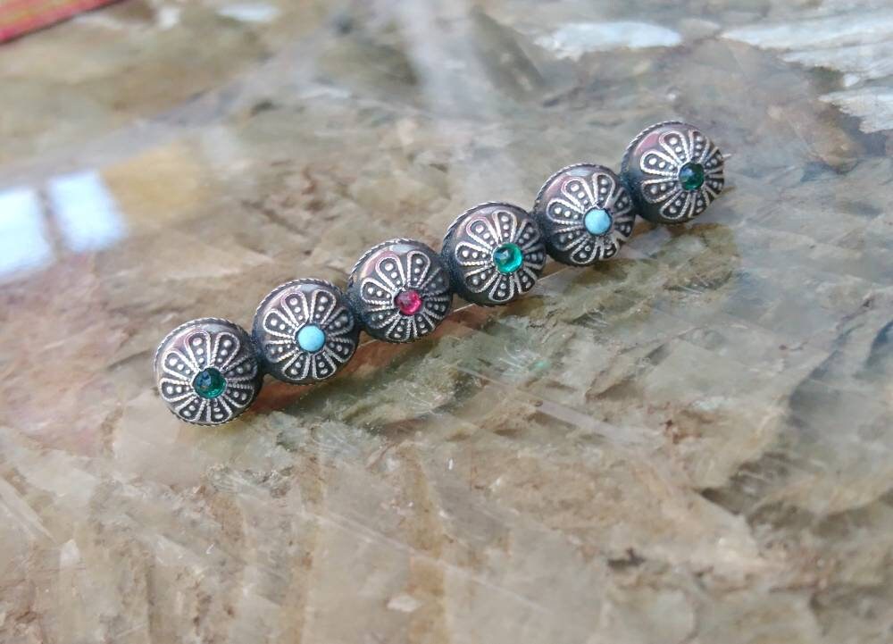 Zierliche 800 Silber Brosche Edelsteine Trachtenschmuck Handgeschmiedet 19. Jahrhundert von Residenzler