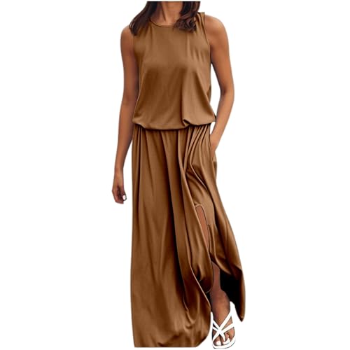 Blusenkleid Damen Lässige ärmelloses Lang Strandkleid Elastischer Hohe Taille Maxikleid a Linien Swing Tunikakleid Langer Plissee Kleider Sommer Freizeitkleid Mit Schlitz von ReSin90s