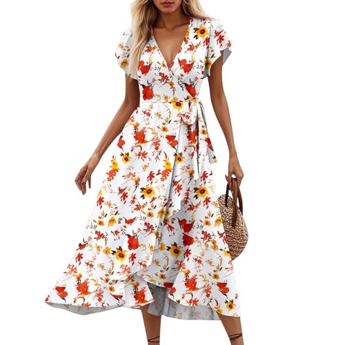 Damen Kleider Freizeit Lose Sommerkleid V-Ausschnitt Kurzarm Rüschensaum Lang Freizeitkleider Elegant High Low Wickelkleid Sommer Boho Maxikleid Strandkleid Blumenkleid Strand Maxi Dress von Resin90s