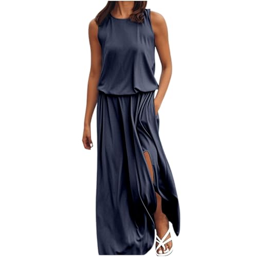 Kleider Für Mädchen,Damen Lässige ärmelloses Lang Strandkleid Elastischer Hohe Taille Maxikleid a Linien Swing Tunikakleid Langer Plissee Kleider Sommer Freizeitkleid Mit Schlitz von ReSin90s