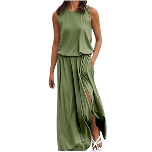 Maxikleider Damen Sommer,Damen Lässige ärmelloses Lang Strandkleid Elastischer Hohe Taille Maxi Kleider a Linien Swing Tunikakleid Langer Plissee Kleid Freizeitkleid Mit Schlitz Luftiges Partykleider von ReSin90s