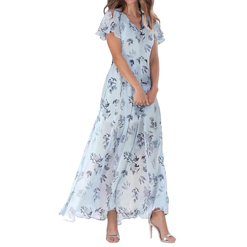 ReSin90s Damen Sommer Kleider Kurzarm Strandkleider Casual V-Ausschnitt Kleider Lange Blumendruck Sommerkleid Boho Strandkleid Maxi Kleid Strandwear von ReSin90s
