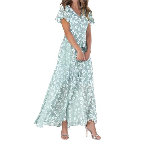 ReSin90s Damen Sommer Kleider Kurzarm Strandkleider Casual V-Ausschnitt Kleider Lange Blumendruck Sommerkleid Boho Strandkleid Maxi Kleid Strandwear von ReSin90s