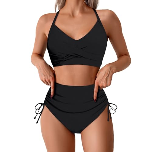 ReSin90s Damen Twist Kordelzug Side Bikini Sets Bauchweg Hoher Ruched Bademode Bikini Bescheidene Badebekleidung Mode Sommerstrand Drucke Badeanzug von ReSin90s