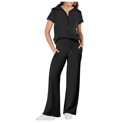 ReSin90s Hosenanzug Damen Zweiteiler Sommer Outfits Tracksuit Reißverschluss Kurzarm 2 Teiler Freizeitanzug Jogginganzug Trainingsanzug Sport Lounge Set Elegant Loungewear Homewear Mit Kordelzug von ReSin90s