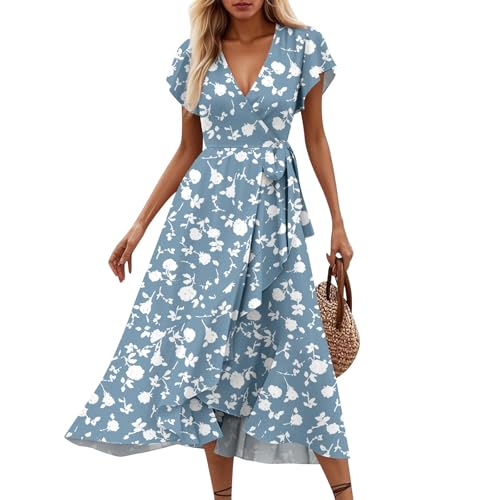 ReSin90s Sommerkleid Damen Lang Maxikleid Sommer V Ausschnitt Kleid Schlitz Elegant Kurzarm Lange Freizeitkleid Für Hochzeitsgäste Hohe Taille Blumenmuster Wickelkleid Strandkleid von ReSin90s