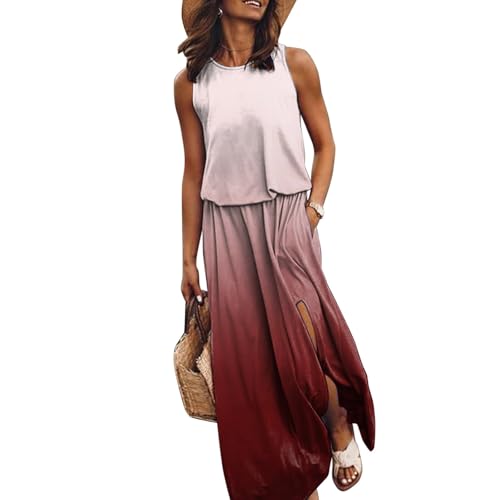 Sommerkleid Damen Lässige ärmelloses Lang Strandkleid Elastischer Hohe Taille Maxikleid a Linien Swing Tunikakleid Langer Plissee Kleider Sommer Freizeitkleid Mit Schlitz Luftiges Partykleider von ReSin90s