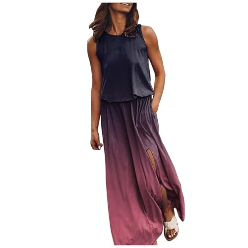 Sommerkleid Damen Lang,Damen Lässige ärmelloses Lang Strandkleid Elastischer Hohe Taille Maxikleid a Linien Swing Tunikakleid Langer Plissee Kleider Sommer Freizeitkleid Mit Schlitz von ReSin90s