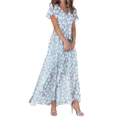 Sommerkleid Damen V-Ausschnitt Kurzarm Blumenkleid Sommer Maxikleid Casual A-Linie Lang Kleider Strand Hochzeit Fließendes Freizeitkleid Holidy Kleid von ReSin90s