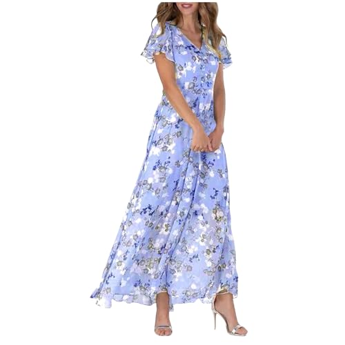 Sommerkleid Damen V-Ausschnitt Kurzarm Blumenkleid Sommer Maxikleid Casual A-Linie Lang Kleider Strand Hochzeit Fließendes Freizeitkleid Holidy Kleid von Resin90s
