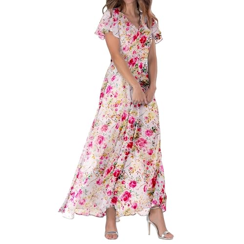 Sommerkleid Damen V-Ausschnitt Kurzarm Blumenkleid Sommer Maxikleid Casual A-Linie Lang Kleider Strand Hochzeit Fließendes Freizeitkleid Holidy Kleid von ReSin90s