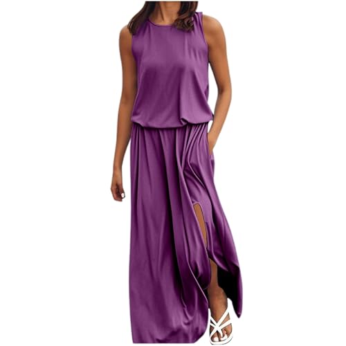 Sommerkleider Damen Leicht Und Luftig, Damen Lässige ärmelloses Lang Strandkleid Elastischer Hohe Taille Maxikleid a Linien Swing Tunikakleid Langer Plissee Kleider Sommer Freizeitkleid Mit Schlitz von ReSin90s