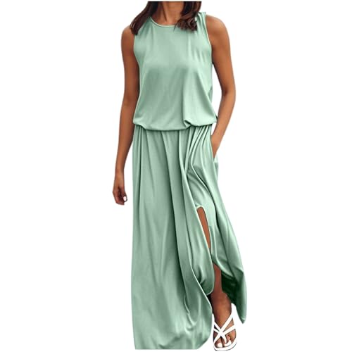 Sommerkleider Damen Leicht Und Luftig, Damen Lässige ärmelloses Lang Strandkleid Elastischer Hohe Taille Maxikleid a Linien Swing Tunikakleid Langer Plissee Kleider Sommer Freizeitkleid Mit Schlitz von ReSin90s