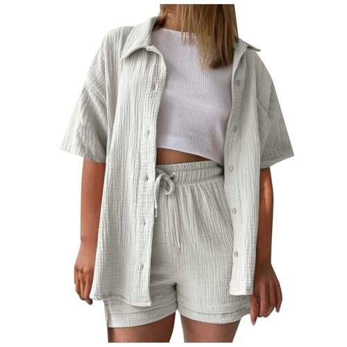 Summer Zweiteiler Damen Musselin Bluse Set, Elegant Leinen Bluse Hemd Und Shorts Einfarbig Lounge Set Strand Y2k Clothes Baumwolle Sportanzug Oversize Freizeitanzug Kurzarm Hausanzug Outfits A von ReSin90s