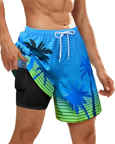 Resiprolty Badehose Herren 2 in 1 Badeshorts Herren Schnelltrocknend Boardshorts mit KompressionsInnenhose und Verstellbarem 12.7cm Innenlänge Tunnelzug Palmen (M) von Resiprolty