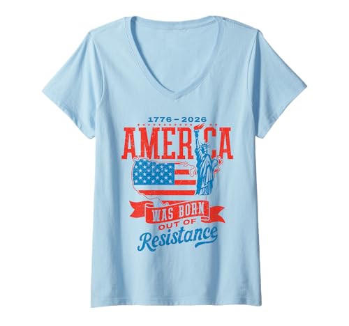 Damen Retro-Kartenstatue „Amerika wurde aus dem Widerstand geboren“, 1776 — 2026 T-Shirt mit V-Ausschnitt von Resist Like It's 1776 America Retro Patriotic Tees
