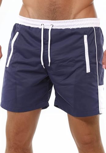Reslad Badehose Herren Schnelltrocknend - Männer Badeshorts mit Reißverschluss Taschen Kurze Shorts für Strand & Surfer I Ideal als Schwimmhose & Badehosen RS-5015 Navyblau-Weiß L von Reslad