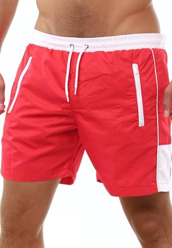 Reslad Badehose Herren Schnelltrocknend - Männer Badeshorts mit Reißverschluss Taschen Kurze Shorts für Strand & Surfer I Ideal als Schwimmhose & Badehosen RS-5015 Rot-Weiß 2XL von Reslad