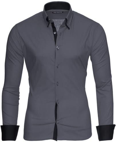 Reslad Herren Hemd Grau Slim Fit Langarm Hemd Bügelfrei Hochzeit Anthrazit-Schwarz Gr. XL von Reslad