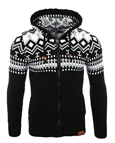 Reslad Herren Grobstrick Norweger Pullover Winter Strickjacke Kapuzenpullover RS-3104 (L, Schwarz-Weiß) von Reslad