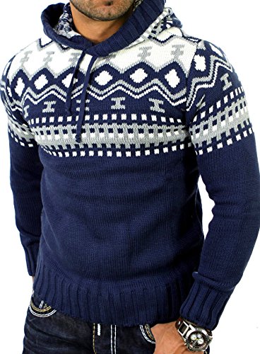 Reslad Herren Grobstrick Pullover Norweger Winter Kapuzenpullover RS-3013 Blau XL von Reslad