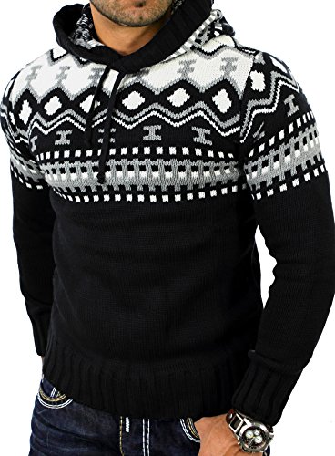 Reslad Herren Grobstrick Pullover Norweger Winter Kapuzenpullover RS-3013 Schwarz L von Reslad