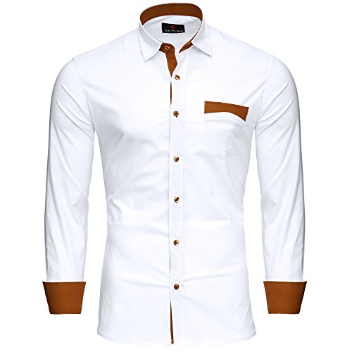 Reslad Männer Hemd bügelfrei Slim Fit Freizeit-Hemden Party Disco Business Herren Kontrast buntes Langarm Neu RS-7205 Weiß XL von Reslad