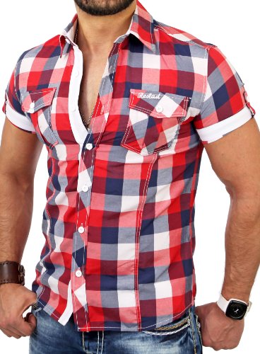 Reslad Herren Hemd Kurzarm Männer Herrenhemd Freizeit Sommer Figurbetont karriert Kontrast Surf Neu RS-7065 Rot-Weiß L von Reslad