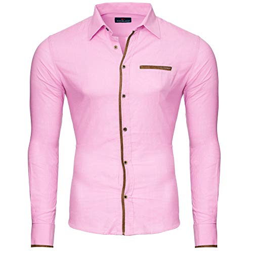 Reslad Herren Hemd Leinen-Hemd Optik Strandhemd Slim Fit leichtes Sommerhemd Langarm RS-7214B Rosa M von Reslad