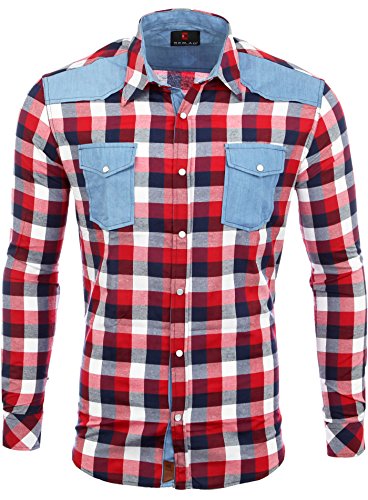 Reslad Herren Hemd Männer-Hemd Kariertes Baumwollhemd Slim Fit Karo Material-Mix Langarm Jeans RS-7202 Rot XL von Reslad