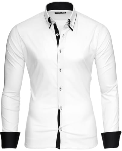 Reslad Herren Hemd Männer Hemden Slim Fit bügelfrei Freizeit Business Langarm 2 Knopf 2 Kragen RS-7050 Weiß Schwarz Gr XXL von Reslad