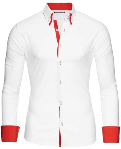 Reslad Herren Hemd Männer Hemden Slim Fit bügelfrei Freizeit Business Langarm zweifarbig 2 Knopf 2 Kragen RS-7050 Weiß Rot Gr S von Reslad