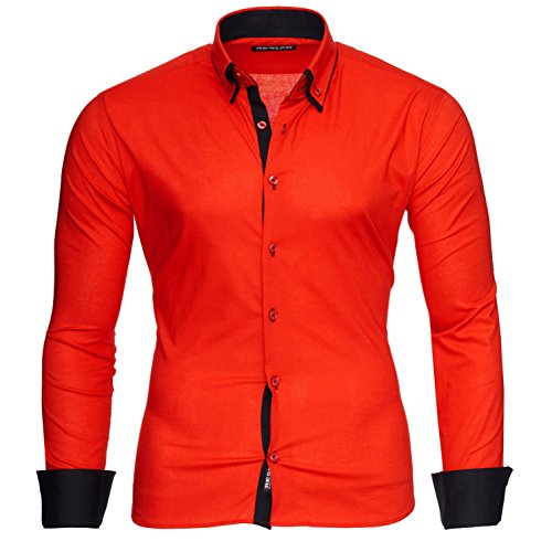 Reslad Herren Hemd Männer Hemden Slim Fit bügelfrei Freizeit Business Langarm 2 Knopf 2 Kragen RS-7050 Rot Schwarz Gr XXL von Reslad