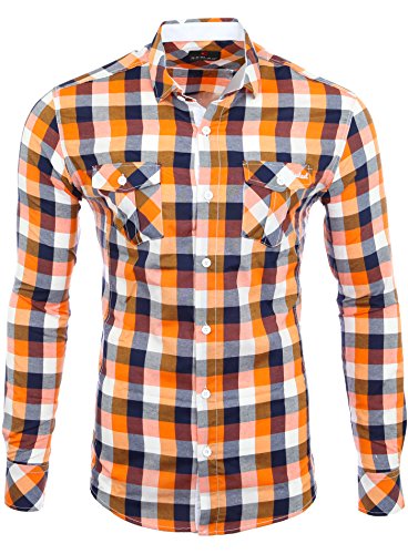 Reslad Herren Hemd Männer Party Freizeit Sommer Figurbetont karriert Langarm Neu Bügelfrei Flanell RS-7060 Orange Weiß XL von Reslad